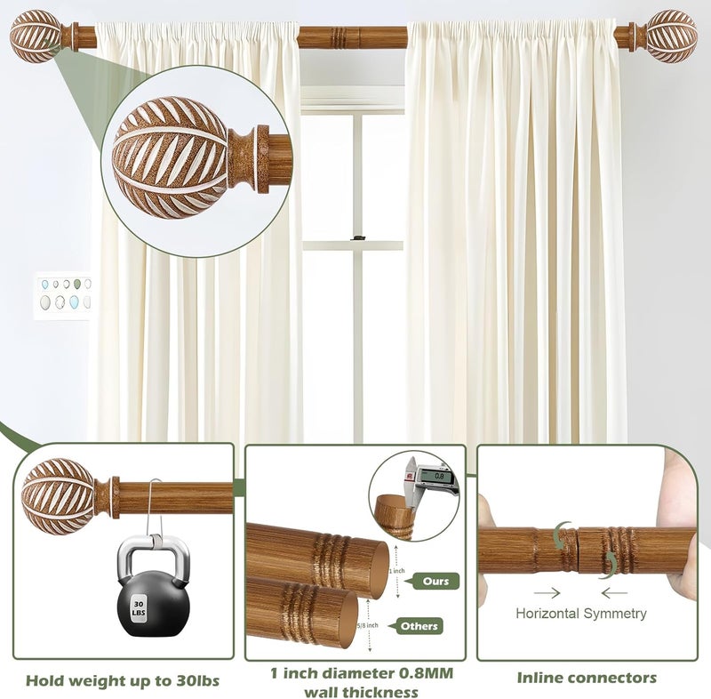 HTZON Wood Boho Curtain Rods for Windows:Wooden Farmhouse Decorative Curtain Rod for Bedroom Living Room,Heavy Duty Adjustable Rustic Bamboo Drapery Rods with Imitation Wood Grain Finials,Brown 18-60" - Image 2